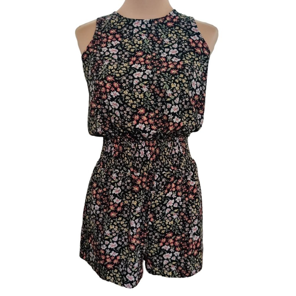 Ultra Flirt Womens Romper Blouson Keyhole Back Smock Waist Black Floral Sz S